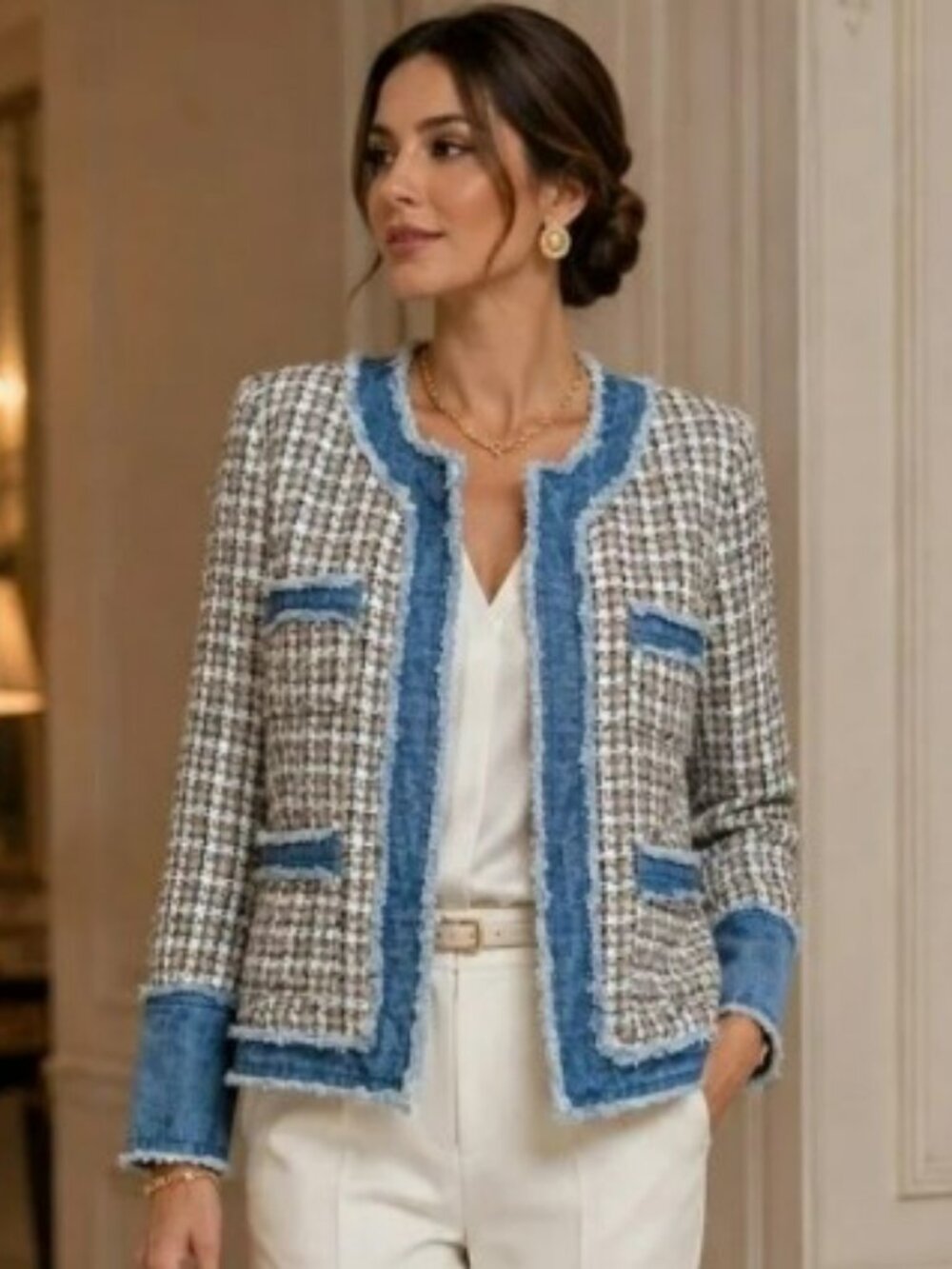 Nanette Lepore Tweed Denim Trimmed Fringe Blazer Jacket - Picture 3 of 8